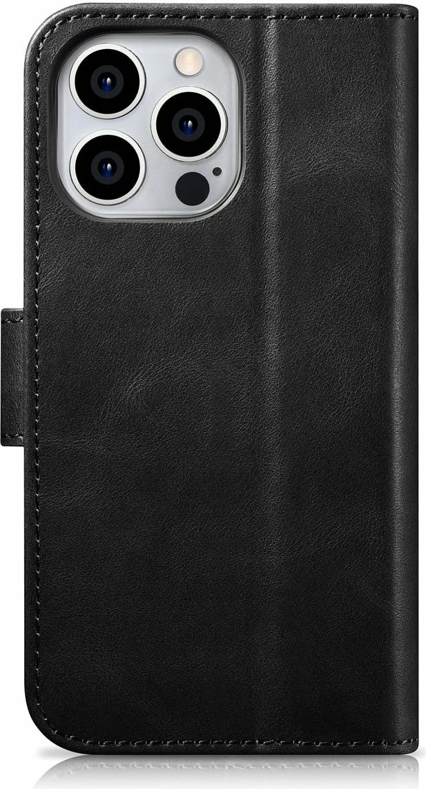 Mbështjellës iCarer Oil Wax Wallet Case 2in1 për iPhone 14 Pro, lëkurë natyrale, Anti-RFID, e zezë