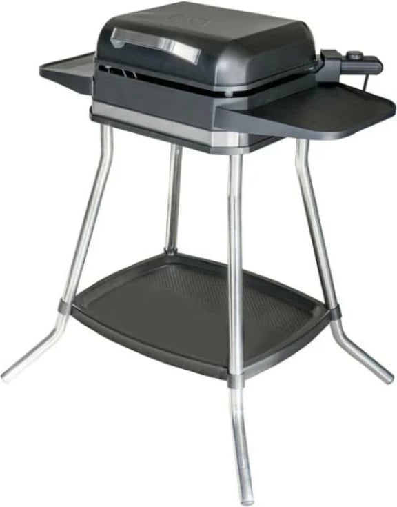 Grill elektrik 2‑në‑1 me këmbë dhe tavoline, Unold Jimmi 58585, deri 300°C, pllakë jo‑ngjitëse me faqe të lëmuara dhe të brinjëzuara, i zi