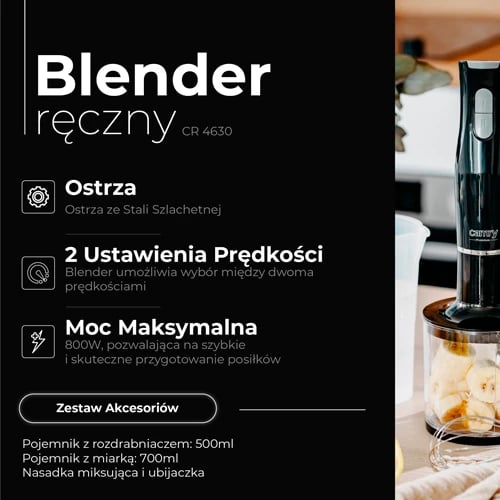 Blender dore, Adler CR 4630, 800W max 500W nom, 2 shpejtësi, inoks, i zi, komplet Blender dore, Adler CR 4630, 800W max 500W nom, 2 shpejtësi, inoks, i zi, komplet