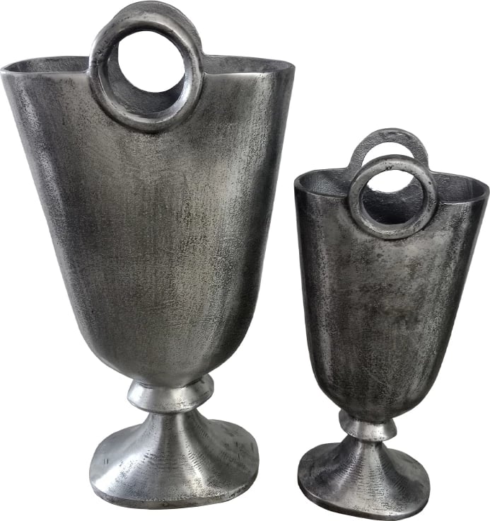 Set vazo dekorative, 2 copë, alumin, ngjyrë argjendi antike, 26x14x52 cm