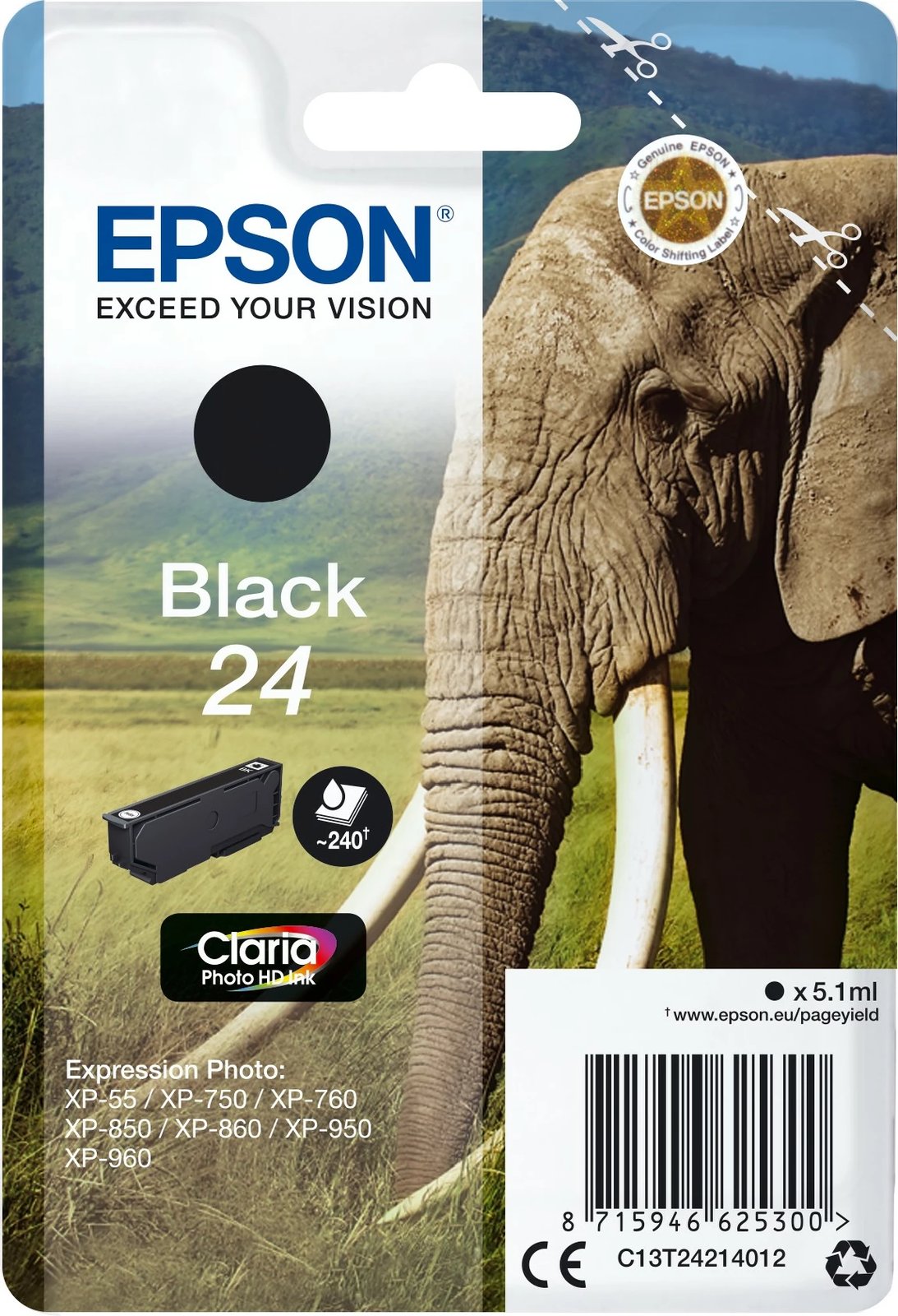 Toner Epson Elephant Singlepack Black 24 Claria Photo HD, standard, 5.1 ml, zi