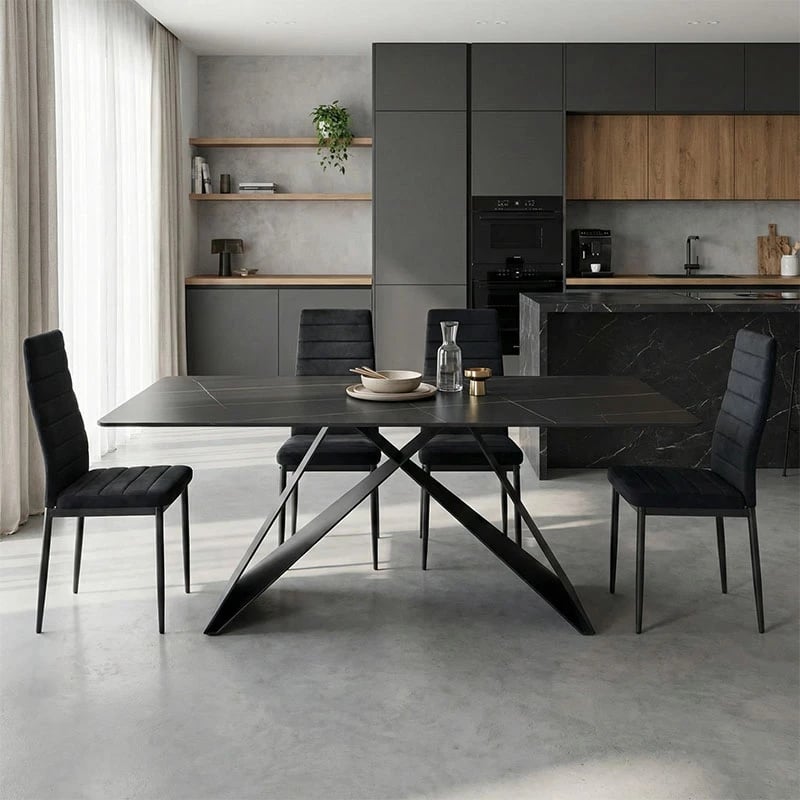 Tavolinë Mapele, sipërfaqe mermeri e zi, këmbë metalike të zeza, 180x90x75cm