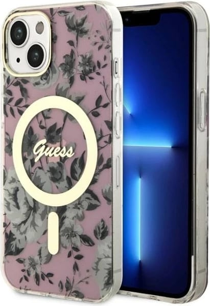 Mbështjellës Guess Flower MagSafe për iPhone 14, Rozë