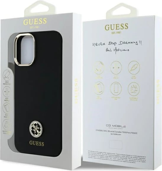 Mbështjellës Guess Silicone Logo Strass 4G për iPhone 16, i zi