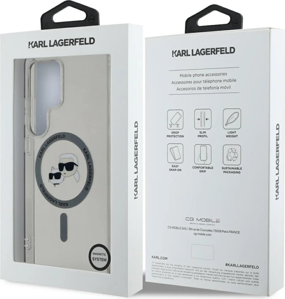 Mbështjellës Karl Lagerfeld Button Karl & Choupette Heads Printed Logo MagSafe për Samsung Galaxy S25 Ultra, zi