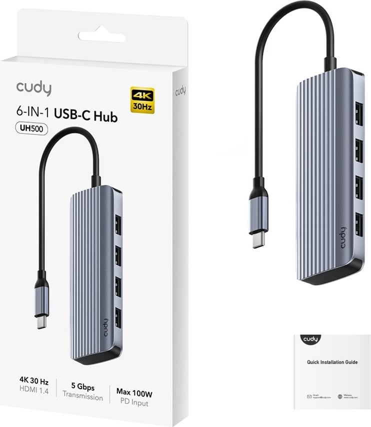 Kasë USB Cudy UH500, 4 porta USB 3.2 Gen 1, HDMI, 5000 Mbit/s, Gri/Argjend