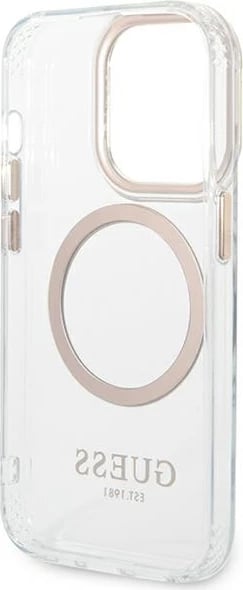Mbështjellës Guess GUHMP14LHTRMD për iPhone 14 Pro 6.1", Metal Outline Magsafe, Transparent/Gold