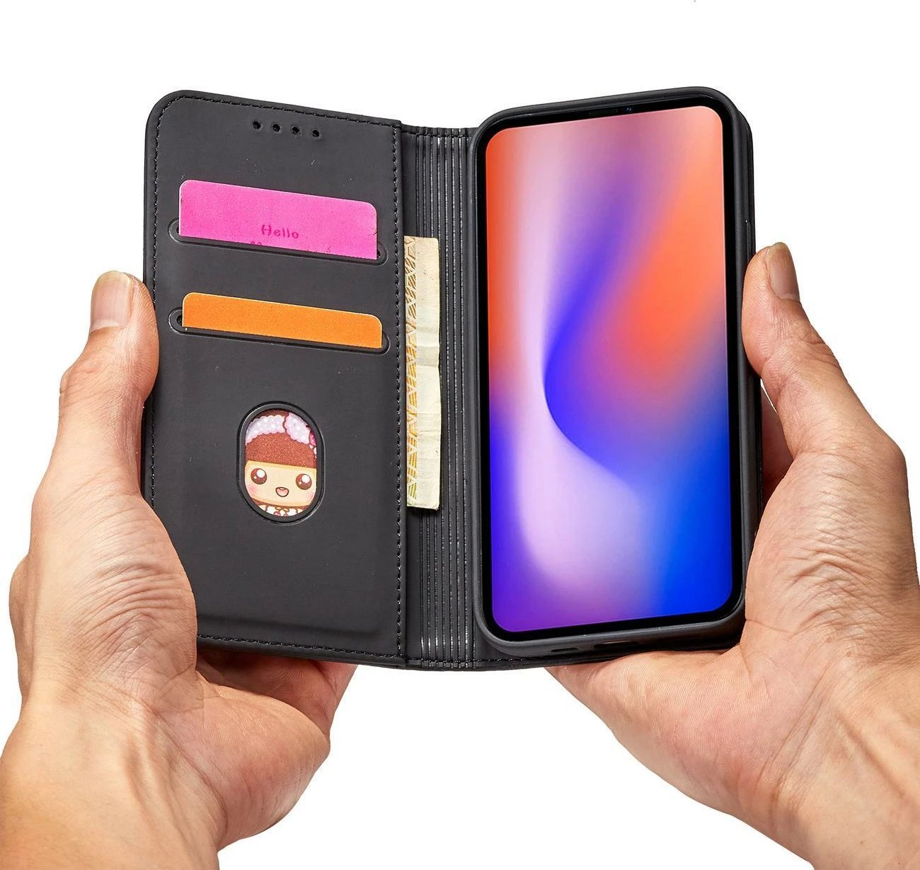 Mbështjellës Hurtel Magnet Card Case për iPhone 12, me portofol dhe mbajtëse, e zezë