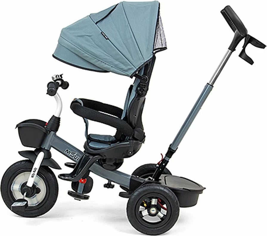 Tricikel për fëmijë Milly Mally Movi sedile 360°, rrota të fryra, dorezë prindi e rregullueshme, tendë palosëse, gri