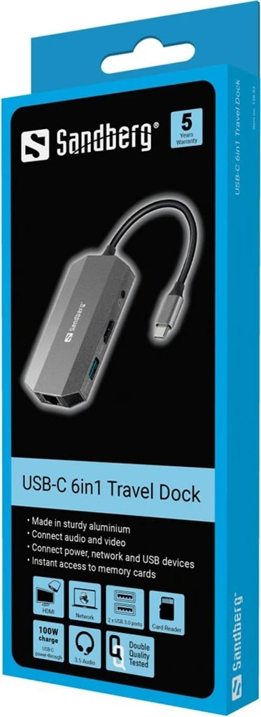 Dock udhëtimi Sandberg USB-C 6in1, Wired, USB 3.2 Gen 1 (3.1 Gen 1) Type-C, 100 W, Gri