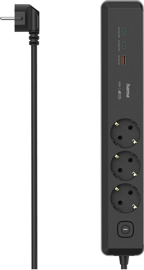 Listë zgjatje Hama, 3 gniazda SCHUKO, 1,4m, 2 USB-C, 1 USB-A, Power Delivery, 100W, gri