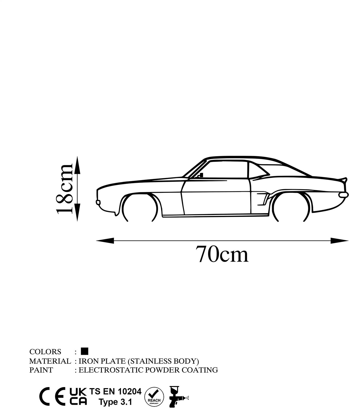 Aksesor dekorativ metalik për mur, siluetë Chevrolet Camaro V2, ngjyrë e zezë, 70x18cm