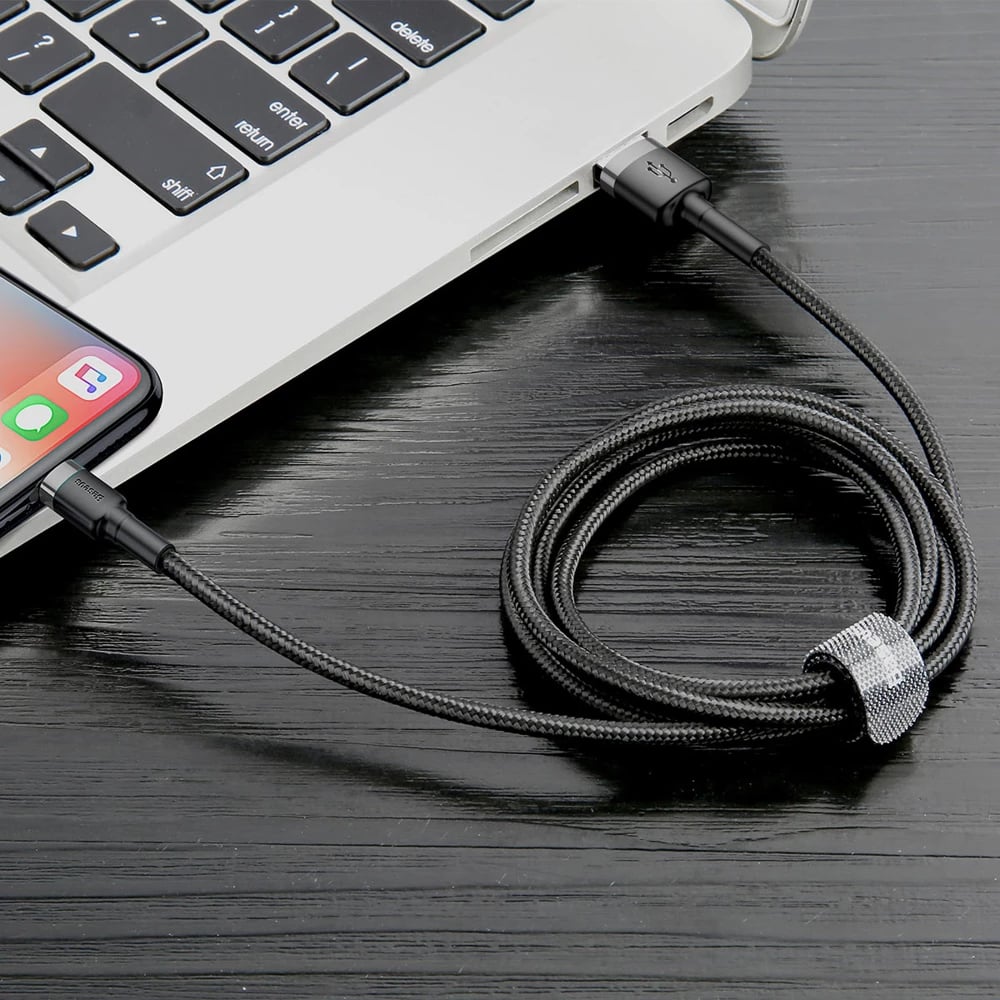 Kabllo Baseus Cafule CALKLF-BG1, USB-A në Lightning, 1m, 2.4A, QC 3.0, e zezë-gri
