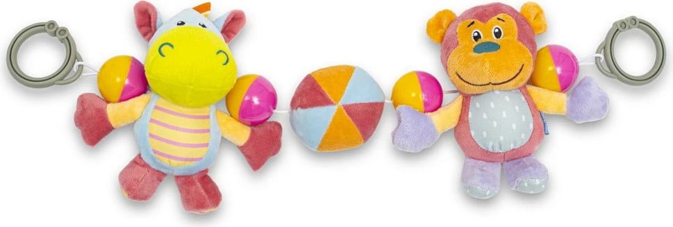 Lodër pellushi me zhurmuese për karrocë, Baby Mix, Hippo & Monkey, me kapëse për karrocë/krevat, e përshtatshme që nga dita e parë, shumëngjyrëshe