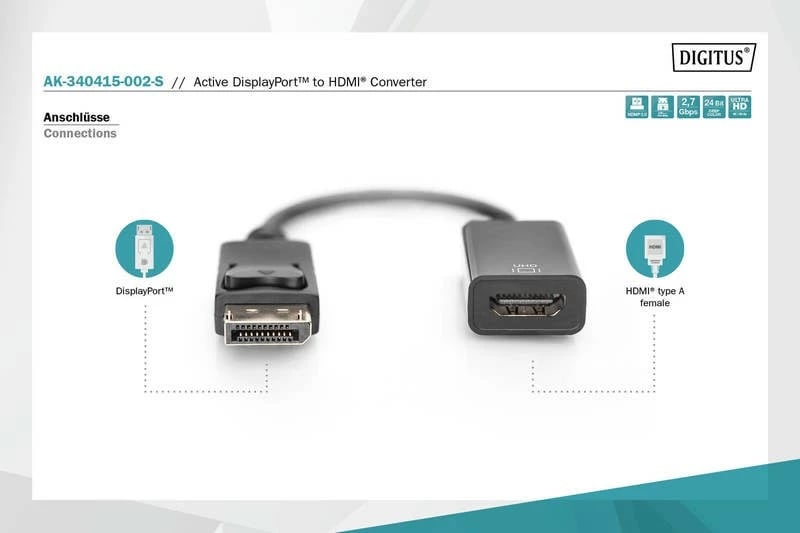Adapter DisplayPort në HDMI Digitus AK-340415-002-S, 0.2m, i zi
