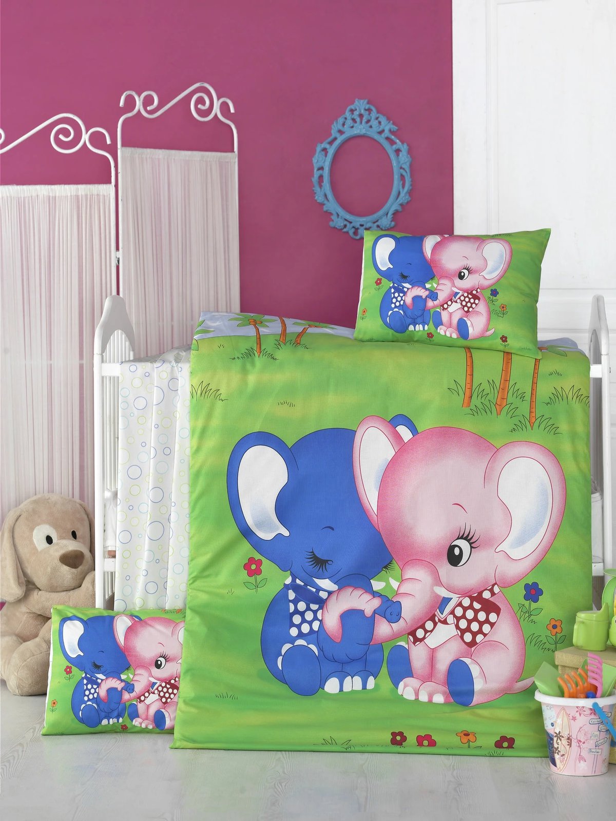 Set mbulesash për krevat fëmijësh, pambuk ranforce, dizajn elefant, jeshile/blu/rozë/bardhë, L'essentiel