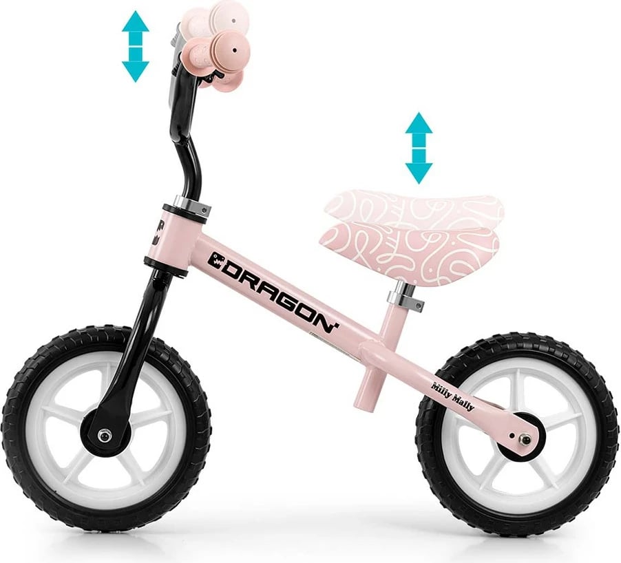 biçikletë ekuilibri MILLY MALLY Dragon 10" rrota shkumë, kornizë çeliku e lehtë, timon/sedilje të rregullueshme, zile, 2–4 vjeç, rozë