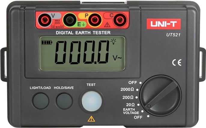 Testues tokëzimi, UNI-T UT521, matje 2/3 tela, gamë 0–4000 Ω, matje tensioni toke AC 0–400 V, memorie 20 sete, ekran me ndriçim, e kuqe/gri