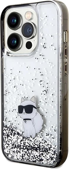 Mbështjellës Karl Lagerfeld Liquid Glitter Choupette për iPhone 14 Pro, transparent, argjendtë