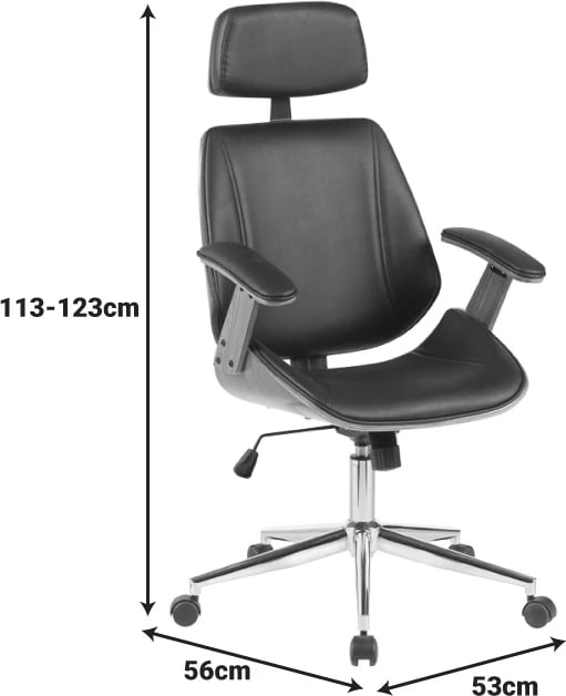 Karrige zyre regjisori Fetseno, lëkurë PU bezhë, bazë kromi, 53x56x113.5-123.5cm