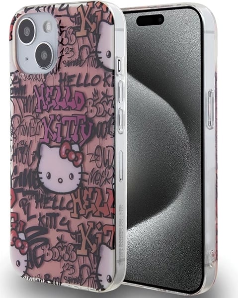 Mbështjellës Hello Kitty IML Tags Graffiti për iPhone 15, Rozë