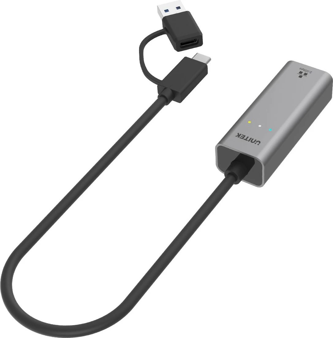 Adapter LAN Unitek U1313C, USB-A/C në RJ45, 2.5 Gbps, Gri/Argjend