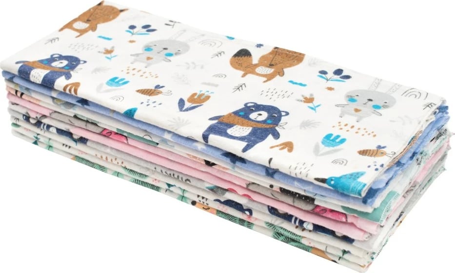 Pelenë flanele bebe, NEW BABY, 70x80 cm, 100% pambuk, me print, set 10 copë, ngjyrat sipas fotos