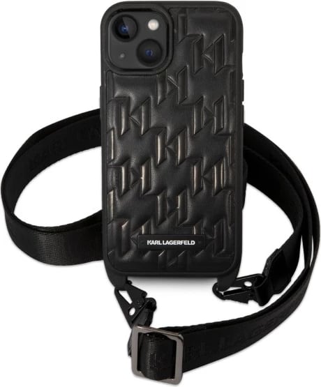 Mbështjellës Karl Lagerfeld Monogram Plaque Logo për iPhone 14/15/13 6.1", i zi me rrip