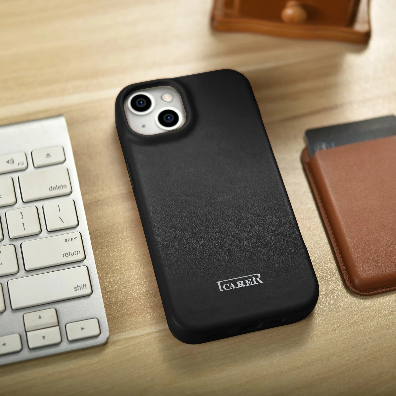 Mbështjellës iCarer CE Premium lëkurë për iPhone 14 Plus, MagSafe, i zi