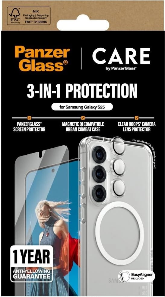 Mbështjellës PanzerGlass CARE 3in1 për Samsung Galaxy S25, set me xham mbrojtës dhe mbrojtës lente, Transparent