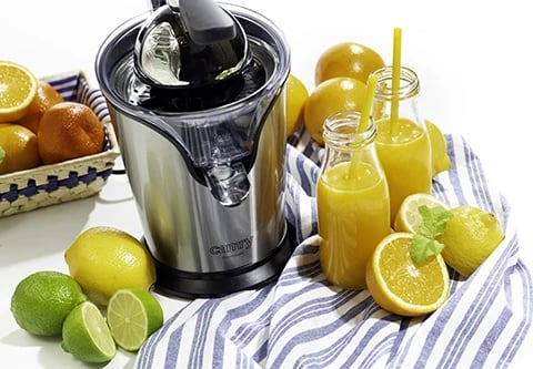 Shtrydhëse agrumesh, Adler Camry CR 4006, 500W max 100W nominale, levë çeliku, NoDrip, 2 konusa, çelik inox, argjendtë/zezë