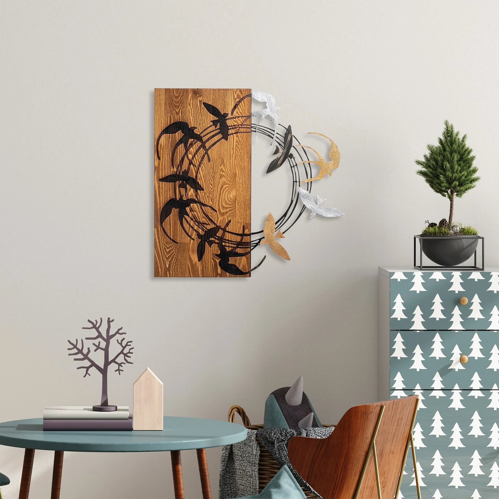 Aksesor dekorativ muri prej druri, Spiral Birds 2, ngjyrë arre dhe e zezë, Wallity, 58x58cm