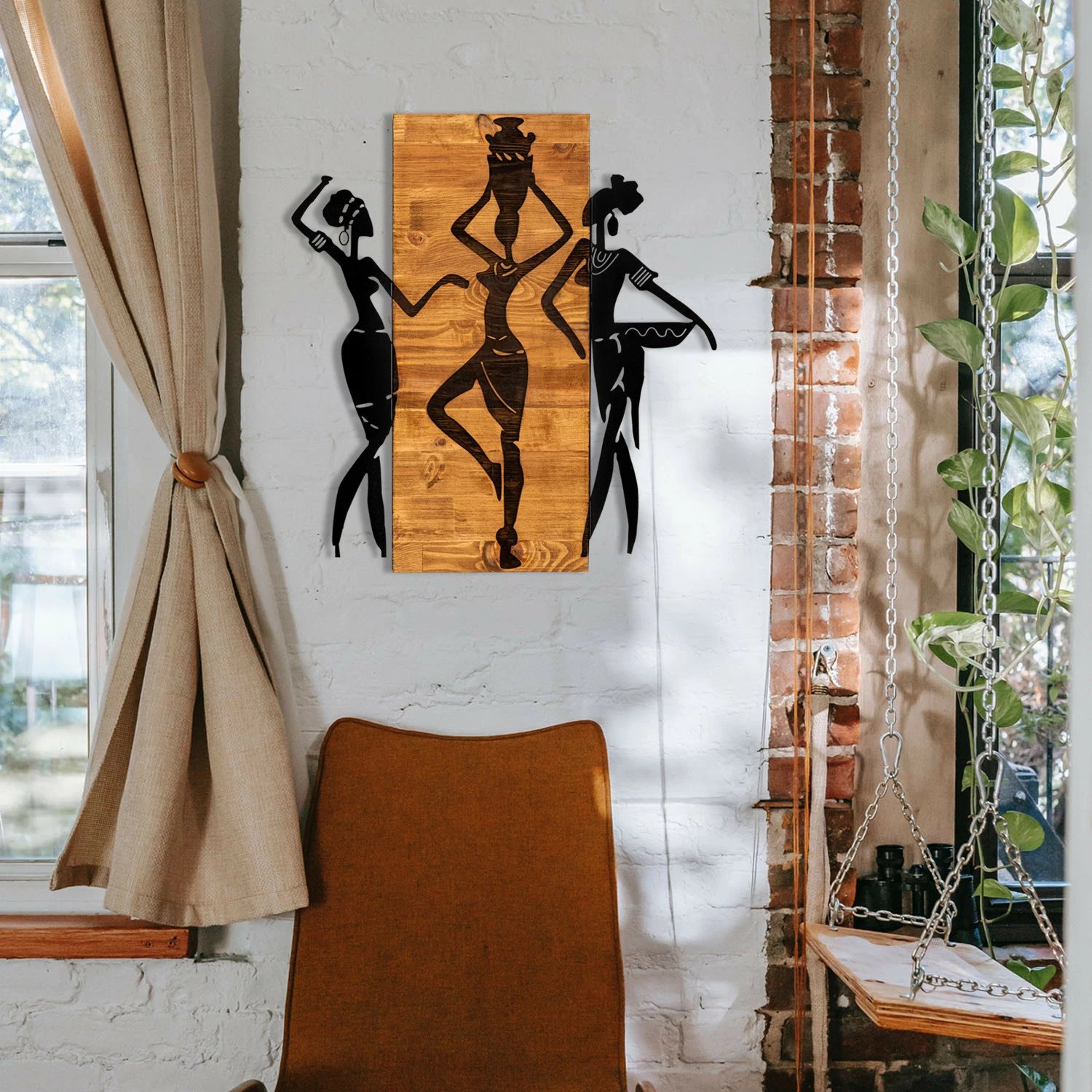 Aksesor dekorativ për mur, dru dhe metal, Wallity, Afrikan, ngjyrë e zezë dhe arre, 54x58cm