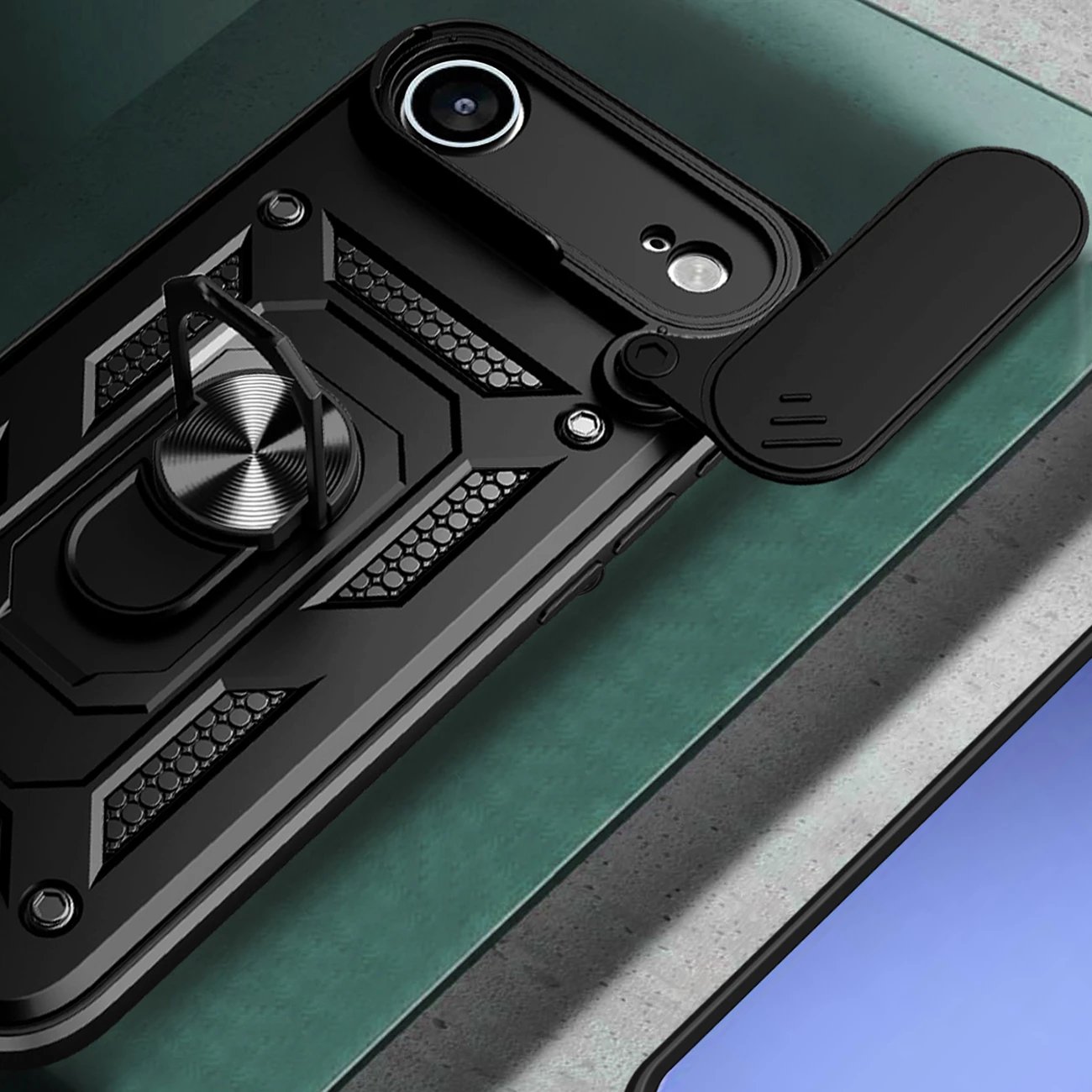 Mbështjellës Hurtel Hybrid Armor Camshield për iPhone 17 Air, me kapak kamere dhe mbajtëse, i zi