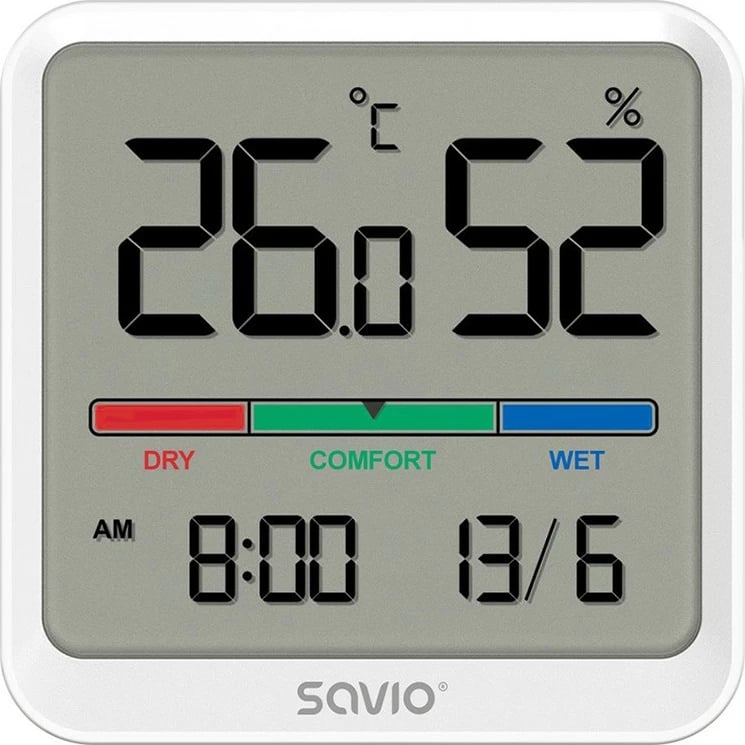 Sensor temperature dhe lagështie Savio CT-01/W, me ekran LCD, orë dhe datë, i bardhë