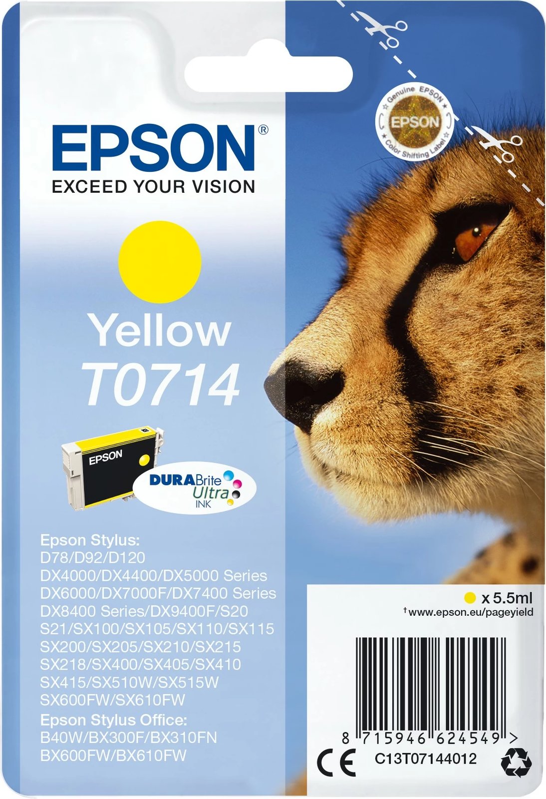 Toner Epson Singlepack Yellow T0714 DURABrite Ultra, Standard Yield, 5.5 ml, Verdhë