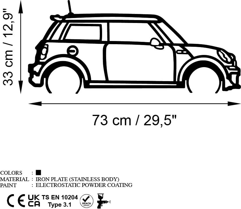 Aksesor dekorativ metalik për mur, Wallity, Mini Cooper, ngjyrë e zezë, 73x33cm