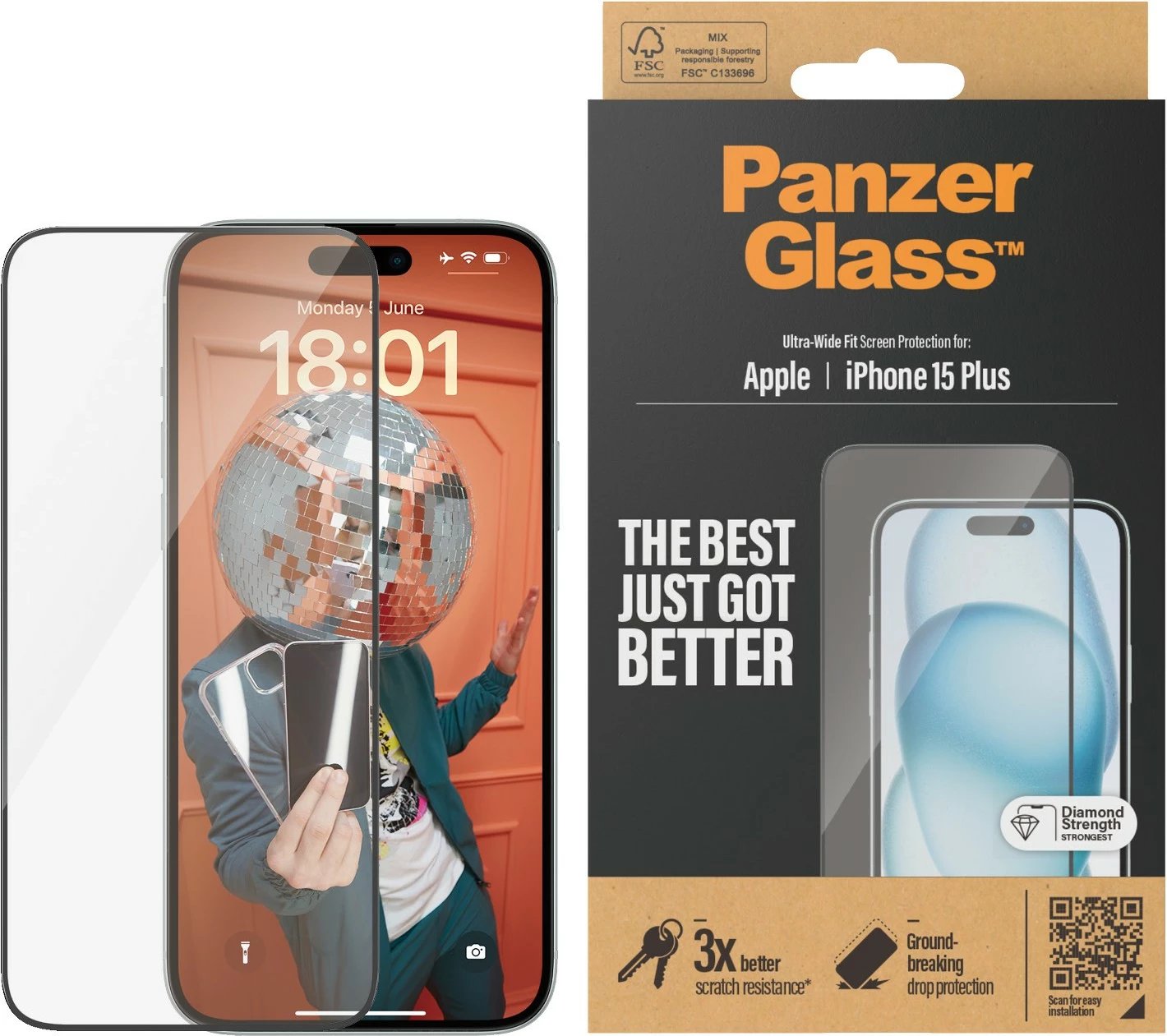 Mbrojtës ekrani PanzerGlass për iPhone 15 Plus, transparent