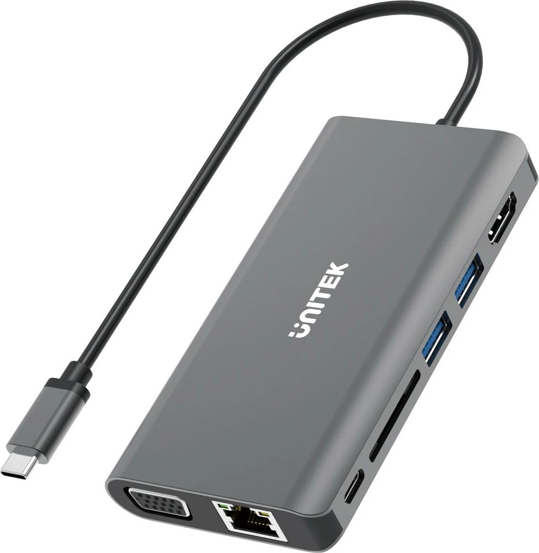 HUB USB-C 8-në-1 Unitek D1019B, HDMI, VGA, RJ45, SD, PD 100W, Gri