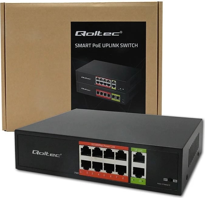 Switch Qoltec 52290 Fast Ethernet PoE 8x RJ45 + 2x RJ45 uplink 120W 10/100 Mb/s