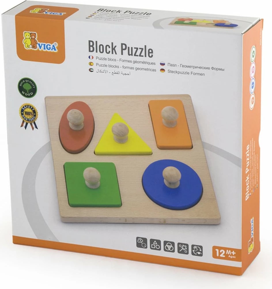 puzzle druri me forma, Viga Shapes, 5 pjesë, 24x24x5 cm, multingjyrës