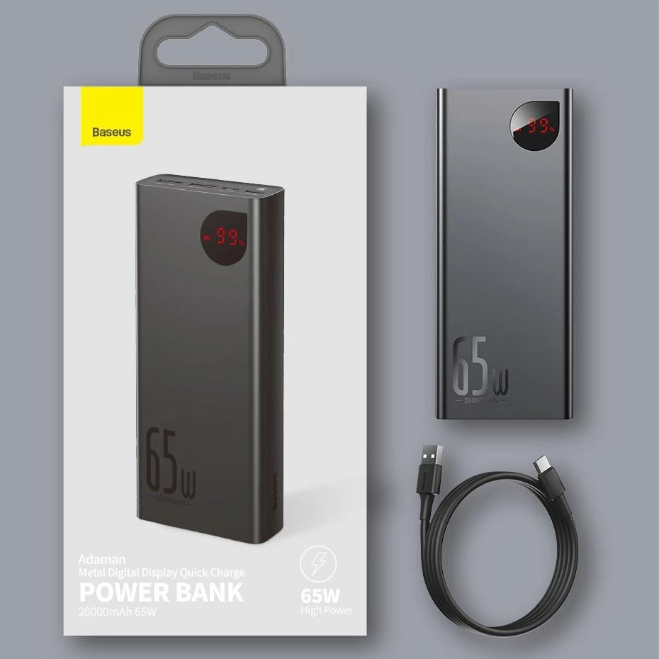Powerbank Baseus Adaman PPIMDA-D01, 20000mAh, 65W, 2x USB-A, 1x USB-C, Ekran LCD, e zezë