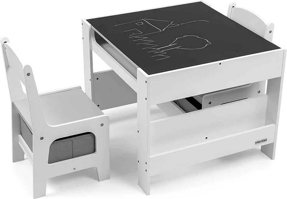 Set mobilje për fëmijë, Milly Mally Sven, tavolinë + 2 karrige, me depozitim dhe dërrasë për shkumës, e bardhë, set 3 pjesë