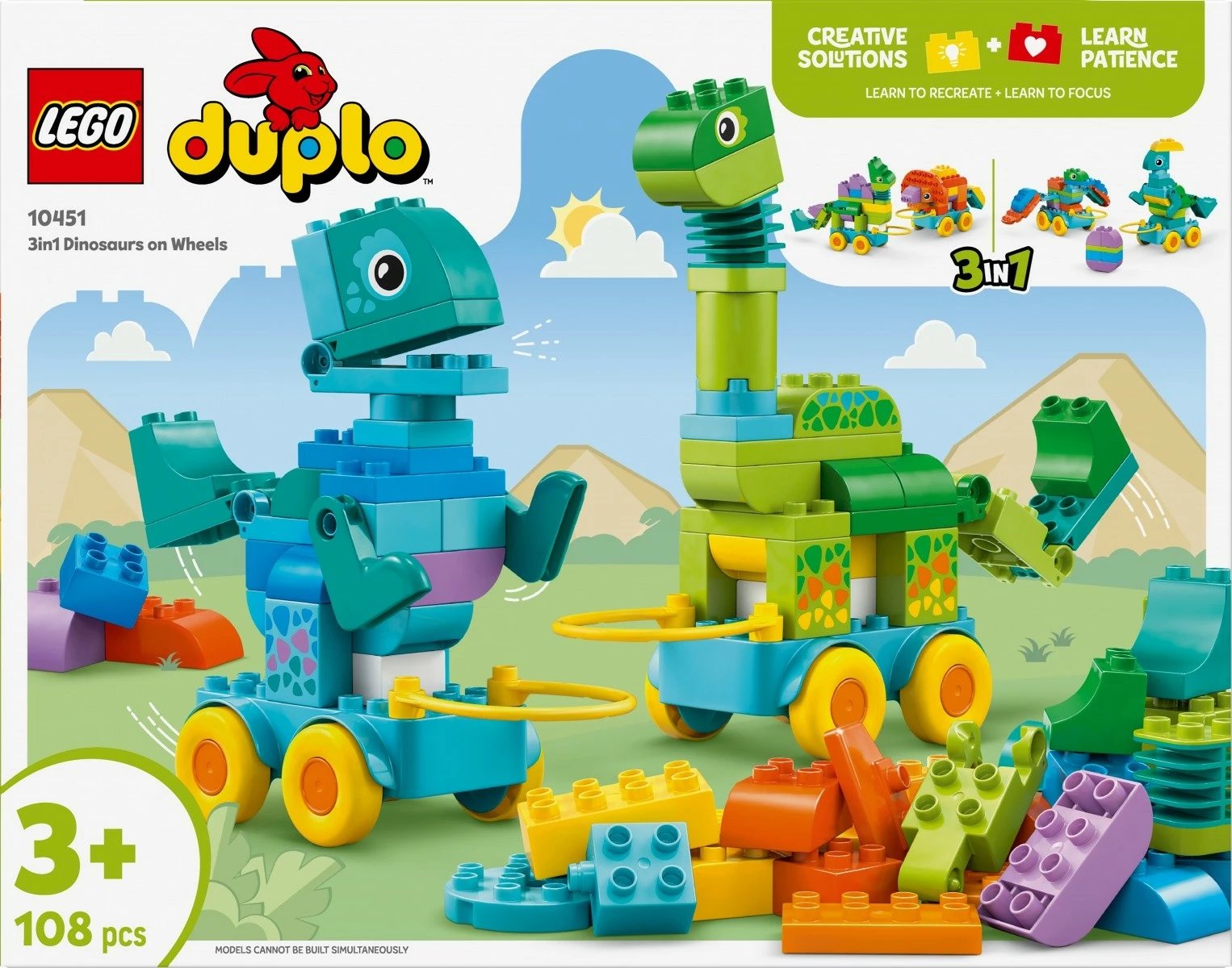 Set lodrash LEGO DUPLO 3-në-1 Dinosaurë me rrota, 108 pjesë, për fëmijë, shumëngjyrësh
