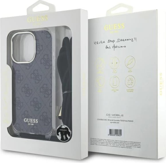 Mbështjellës Guess Crossbody Cord 4G Print për iPhone 16 Pro Max, i zi