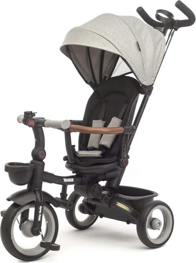 tricikletë për fëmijë, Milly Mally Twinkle, sedilje rrotulluese 180°, timon prindëror i rregullueshëm, dritë LED, kornizë çeliku, gri