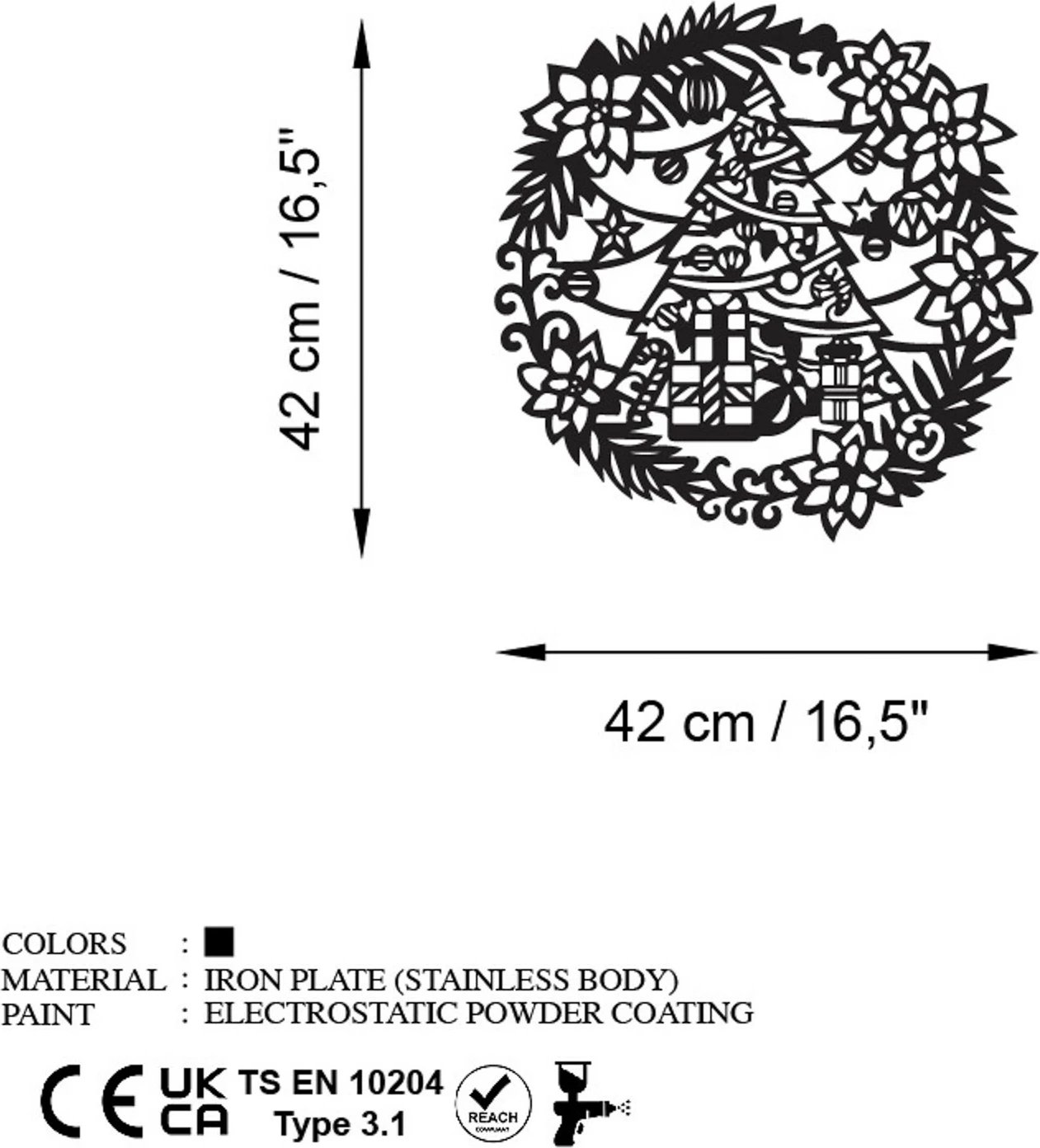 Aksesor dekorativ metalik për mur Wallity, Vit i Ri 2, ngjyrë e zezë, 42x42cm