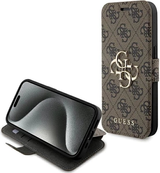 Mbështjellës Guess 4G Metal Logo për iPhone 15 Pro Max, kafe