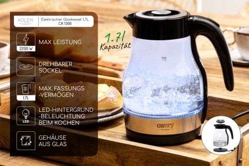 Zierëse uji, Adler CR 1300, 1.7 L, deri 2200W, xham, bazë 360°, ndriçim LED, e zezë