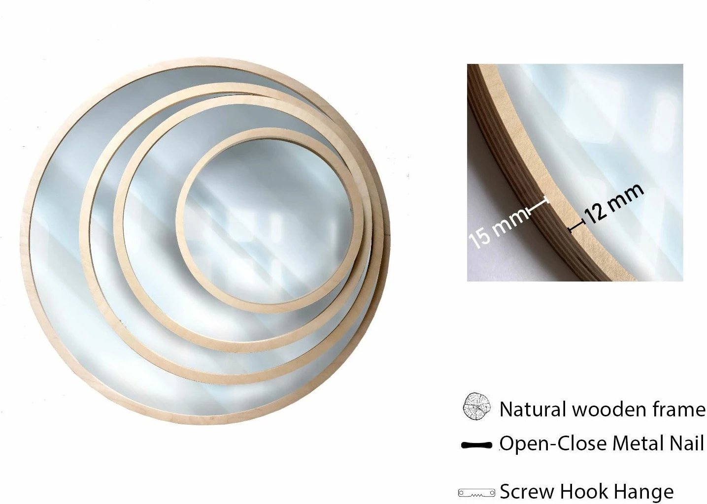 Set dekorativ me piktura MDF të kornizuara dhe pasqyra (4 copë), Wallity, Roundmirrorset - 0001